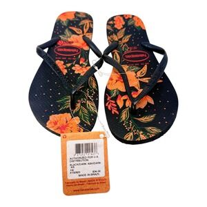 New Havaianas Womens Flip Flop Black Orange Floral Sandals  Sz  7-8